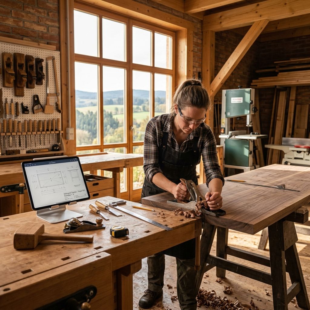Tischler arbeitet in einer Holzwerkstatt im Waldviertel - Prozessautomatisierung und Digitalisierung im Handwerk durch Kenma Automations